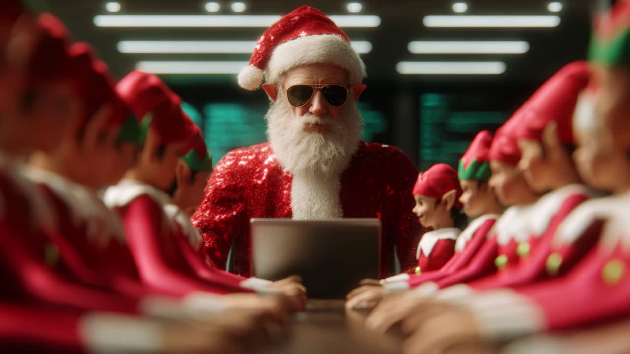 An Unexpected Board Meeting with Santa Claus: The Holiday Icon in Sunglasses Surrounded by Elves, Engaging in a Joyful Discussion at the North Pole Workshop