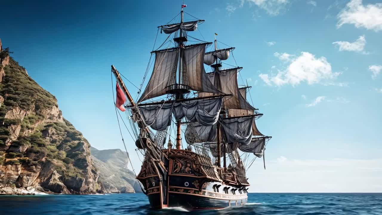 A majestic pirate ship sails towards the camera at a low angle, capturing its grandeur