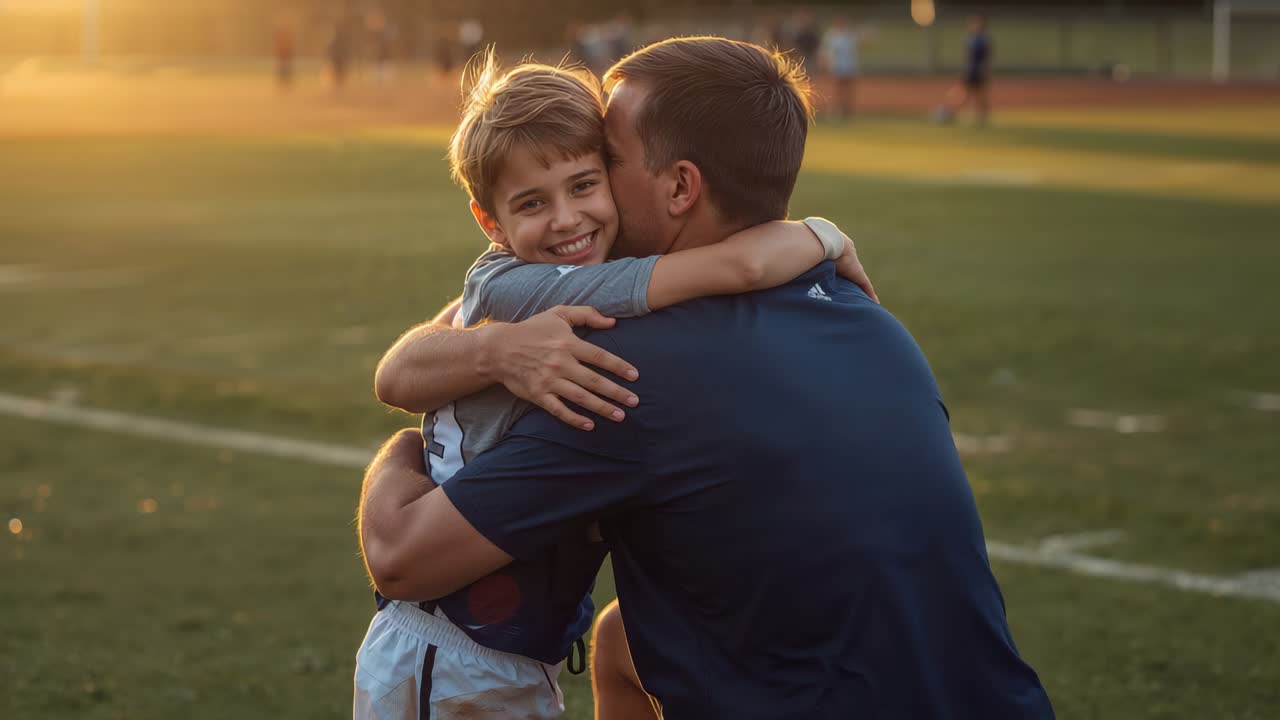 Hugging father kneeling embracing son after match on turf, sunlit navy shirt and jersey number