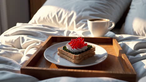 breakfast in bed with a sandwich and coffee