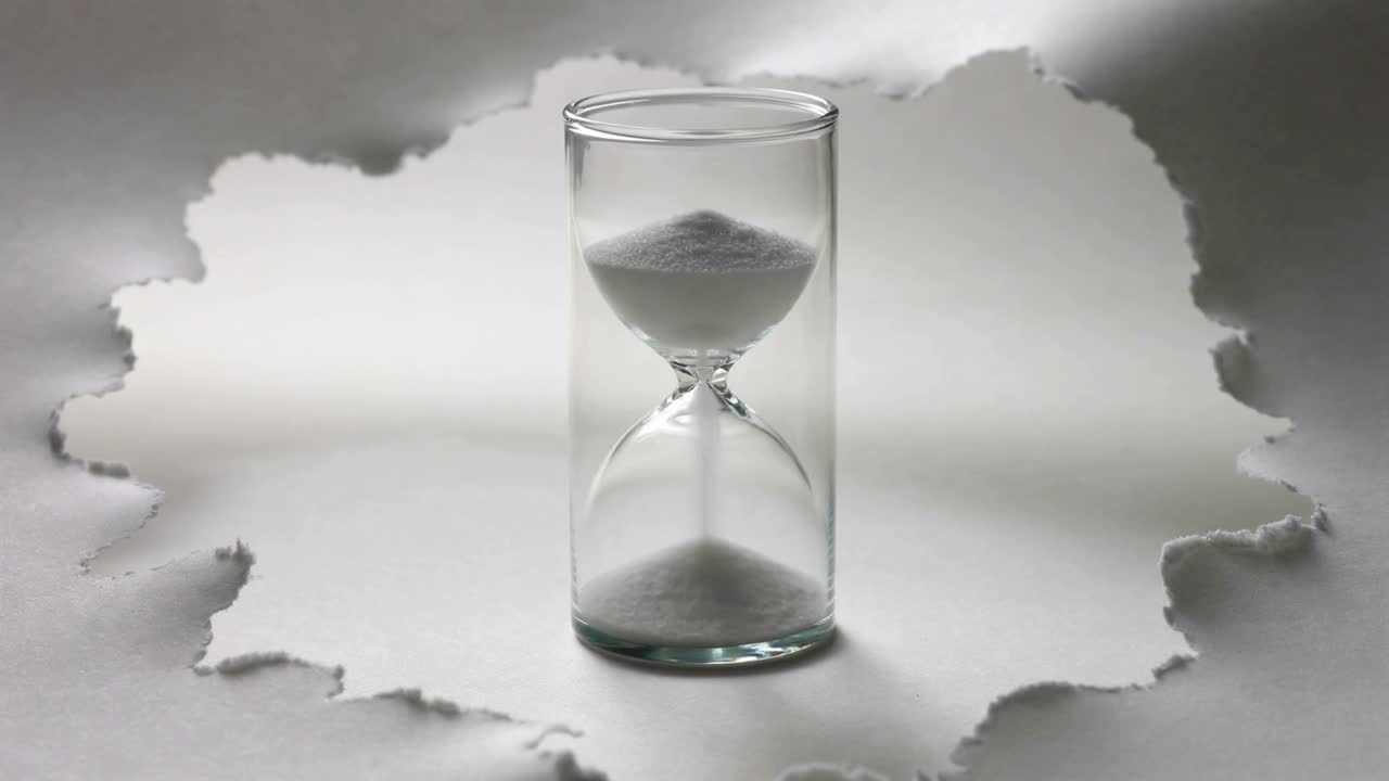 Pouring white sand, upright glass hourglass starting flow through neck on table, torn paper border