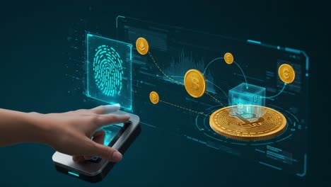 exploring cryptocurrency security: a close-up of biometric authentication and digital currency interaction via advanced mobile technology