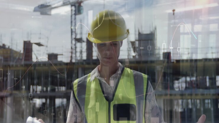Animation of statistics processing over female architect holding plans at construction site