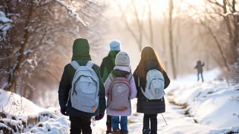 Elementary school students walking along snowy forest path, wearing winter attire and backpacks, experiencing vibrant winter landscape while enjoying outdoor educational journey together