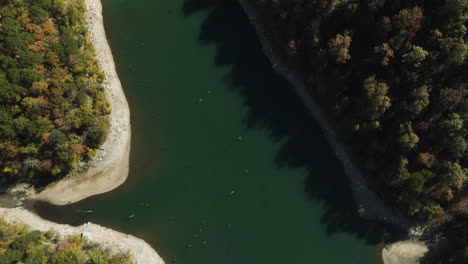 top view of eagle hollow cave river banks surrounded by dense forest trees
