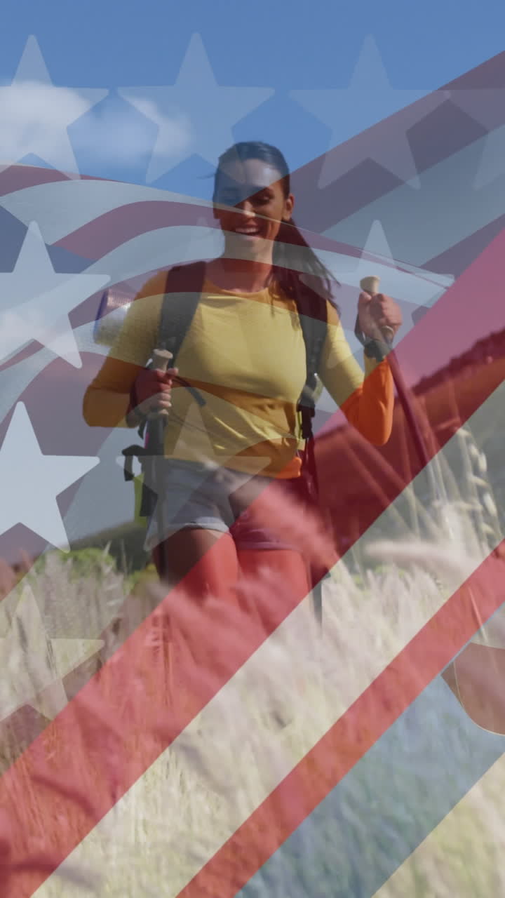 미소 짓는 다양한 부부가 산에서 하이킹하는 미국  ⁇ 발의 애니메이션