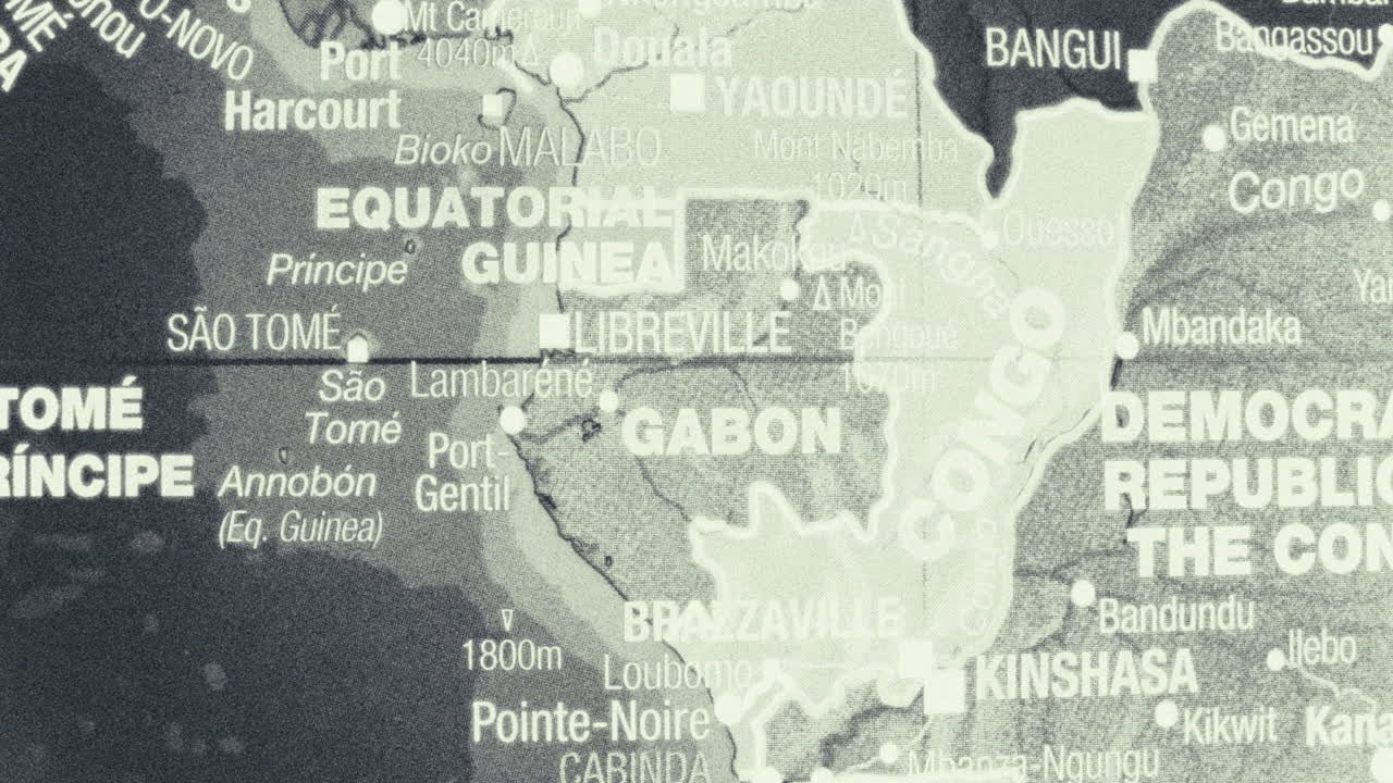 A close-up, monochrome map showing Central African countries and major cities