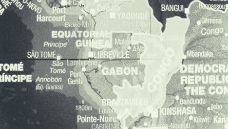 a close-up, monochrome map showing central african countries and major cities