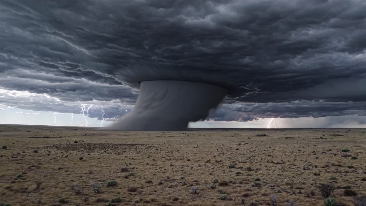 A dramatic wide-angle video captures a massive tornado under dark storm clouds with lightning