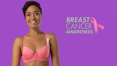 Animation-of-breast-cancer-awareness-text-over-smiling-african-american-woman-on-purple-background