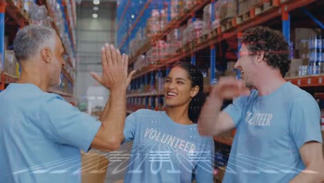 animation of data processing over diverse male and female volunteers high fiving each other