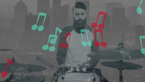 Animation-of-notes-and-cityscape-over-silhouette-of-caucasian-male-drummer-playing