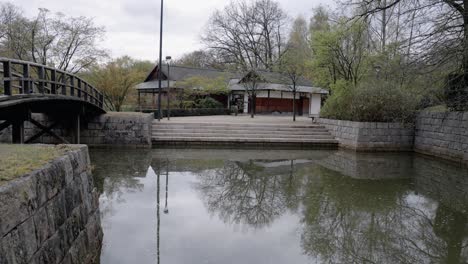 ceremony tea house by the pond and bridge in the japanese garden