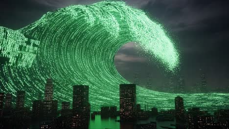 a stunning visual of a massive digital wave surging over a cityscape, merging technology with nature in a dystopian future setting