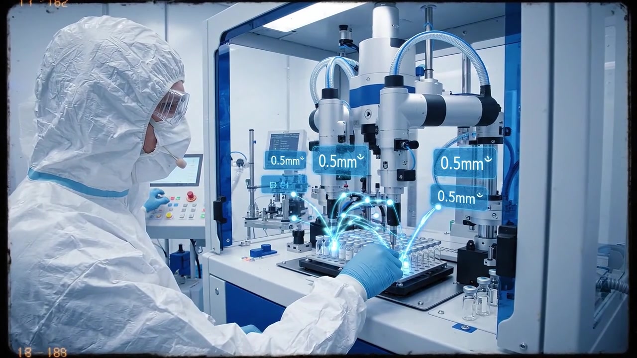 Scientist in Cleanroom Operating Automated Robotic System with Holographic Data