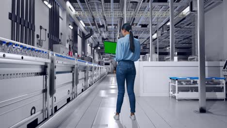 Full Body Back View Of Asian Female With Water Production in Bottling Factory, Typing On Laptop'S Keyboard With Green Screen And Look At The Factory Once