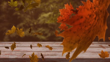 animation of leaves blowing over wooden table top and tree tops