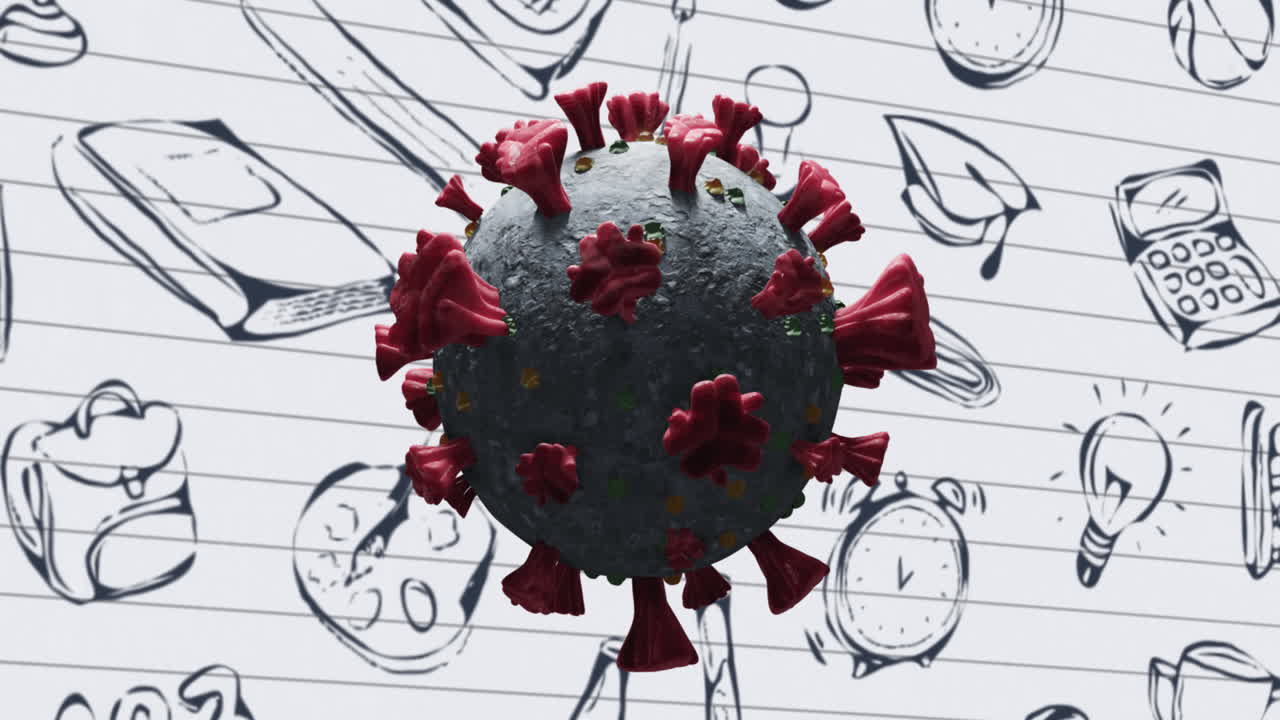 학교 개념에 대한 코로나19 세포 아이콘은  ⁇  줄로 된 종이에 있습니다.