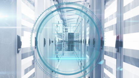 animation of cyber security text banner and qr code scanner and light trails against server room