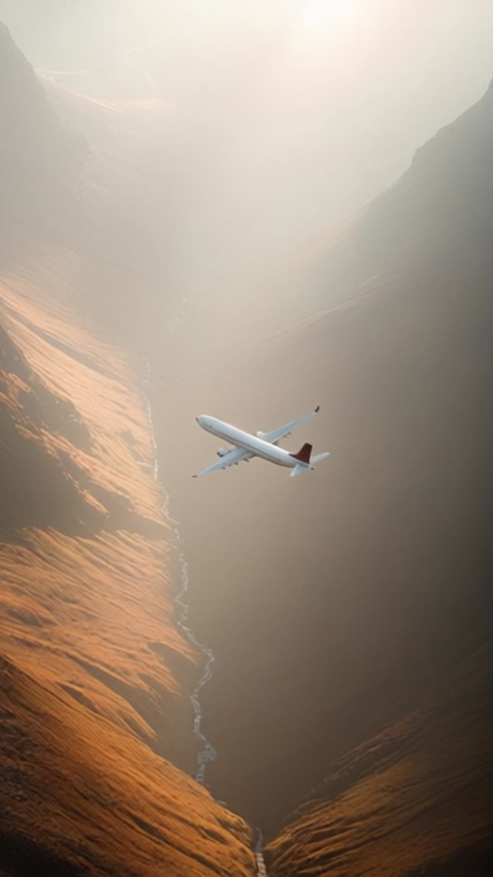 Majestætisk luftfoto af et fly, der flyver over en smuk dal omgivet af bjerge, oplyst af blødt naturligt lys, der skaber en fantastisk visuel kontrast