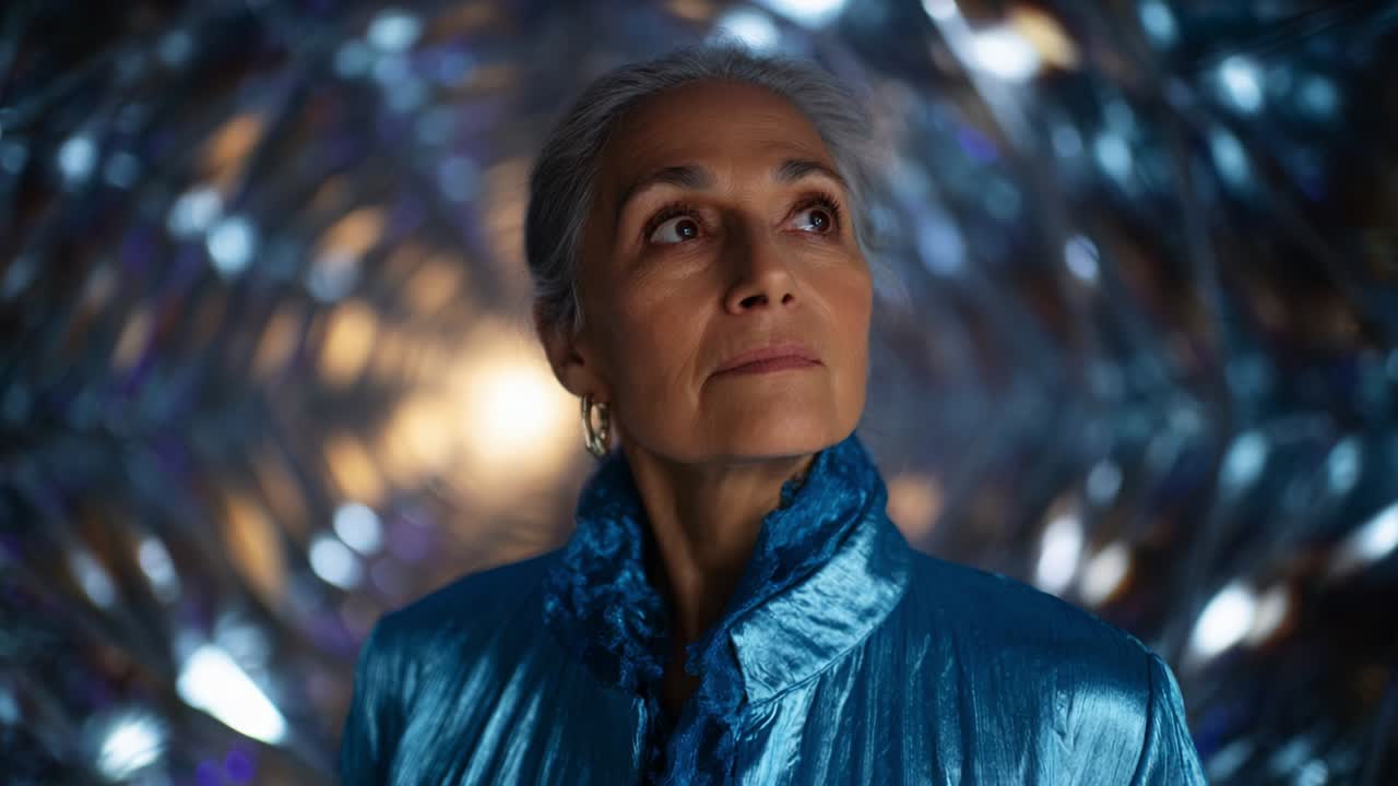 A contemplative figure gazes upward in a shimmering blue setting, reminiscent of a futuristic space. The combination of textures and lighting creates an ethereal atmosphere, enhancing the subject's introspective expression