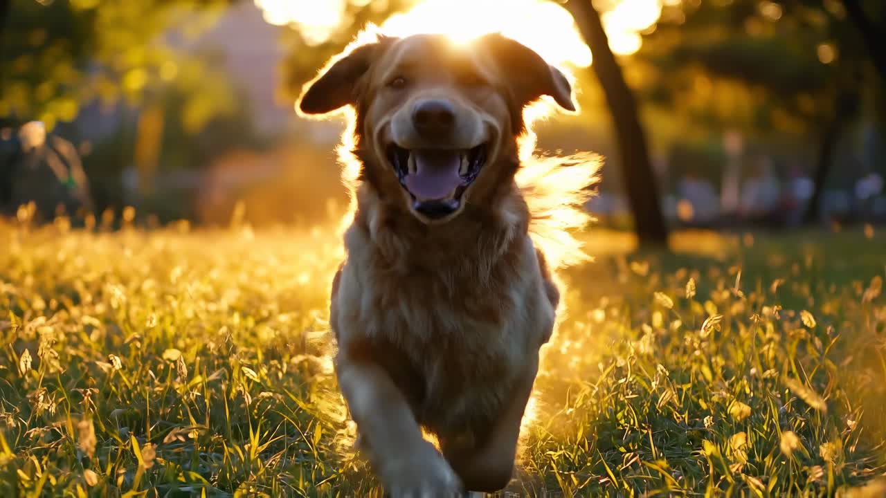 Cão Golden Retriever Correndo em Câmera Lenta Durante o Pôr do Sol na Hora Dourada