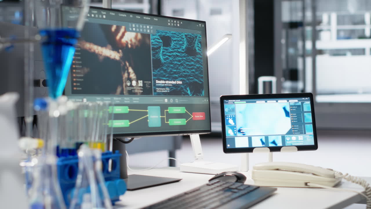 Vertical video Close up of laboratory glassware filled with blue and yellow reagents