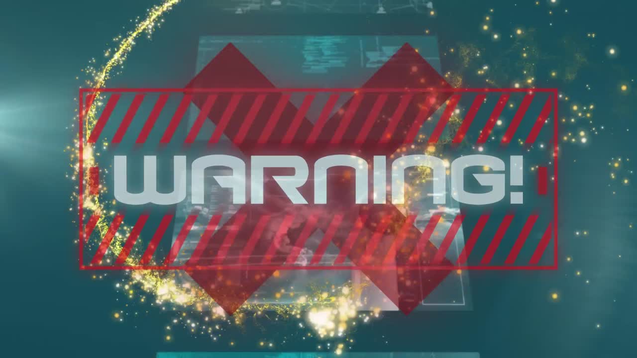 디지털 화면에  ⁇ 는 별과 데이터를 가진 경고 텍스트의 애니메이션