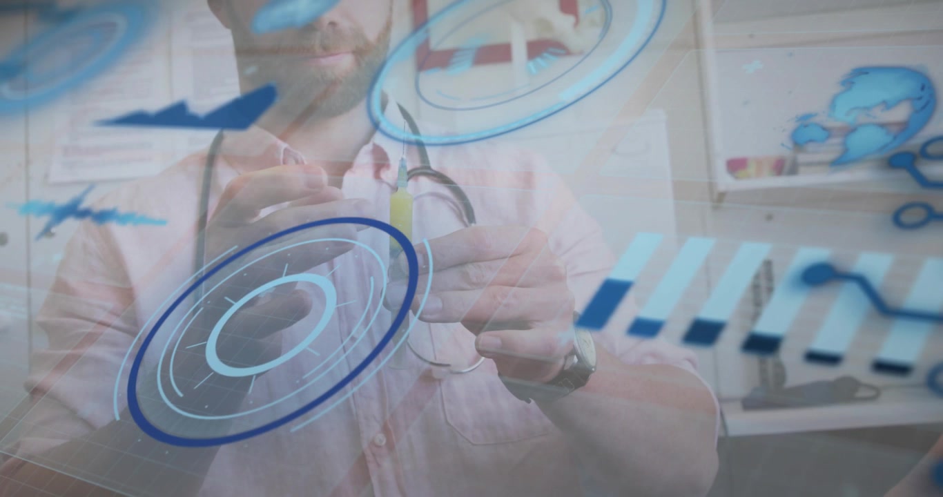 Læge inspicerer sprøjte, mens 3D-databjælker glider ind, trækker medicin op og kalibrerer dosis