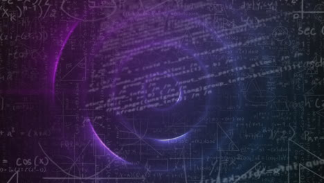 animation of data processing, mathematical equations on pink to blue circles pulsating in background