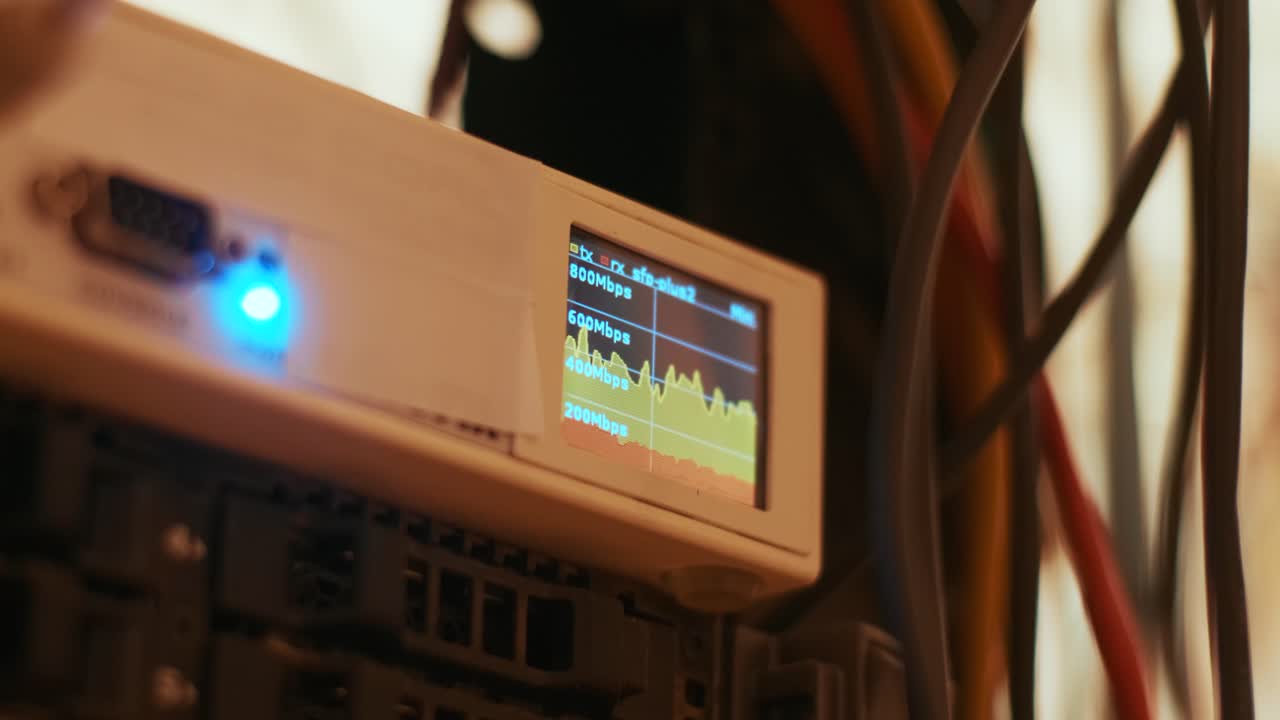 라크 캐비에 네트워크 스위치 및 이더넷 케이블: 네트워크 연결 기술 및 작업 상태를 표시하는 지표가 있습니다. 데이터 센터에 연결된 케이블을 가진 인프라 개념