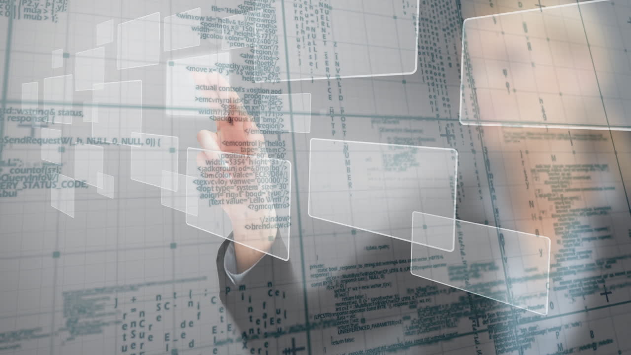 데이터 처리와 함께 인터랙티브 스크린을 만지는 백인 사업가의 애니메이션