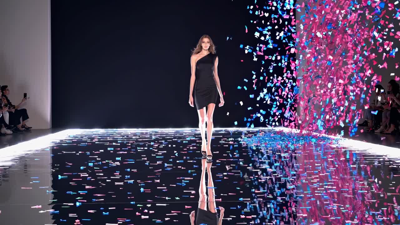 Fashion model wearing a short black dress walks gracefully on a reflective runway as pink and blue confetti falls around her, creating a celebratory atmosphere
