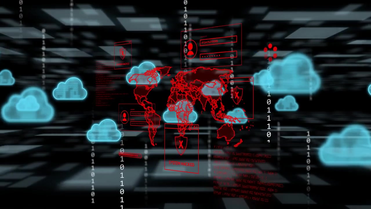 Blue cloud icons appearing and moving inward, red wireframe map emitting lines, showing data flow