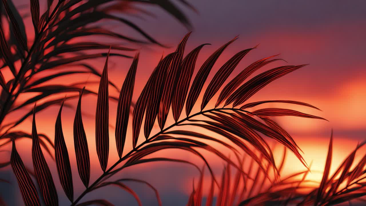 A Stunning Display of Tropical Palms Against a Vivid Sunset, Showcasing the Intricate Details of Leaf Patterns and the Beautiful Blend of Warm Colors in the Sky