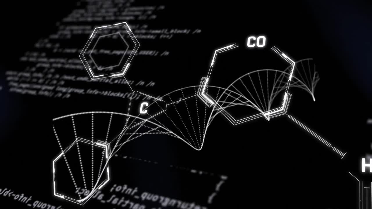 dna 가닥의 애니메이션과 검은색 배경에 화학 공식으로 데이터 처리