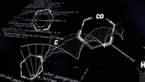 Animation-of-dna-strand-and-data-processing-with-chemical-formula-on-black-background