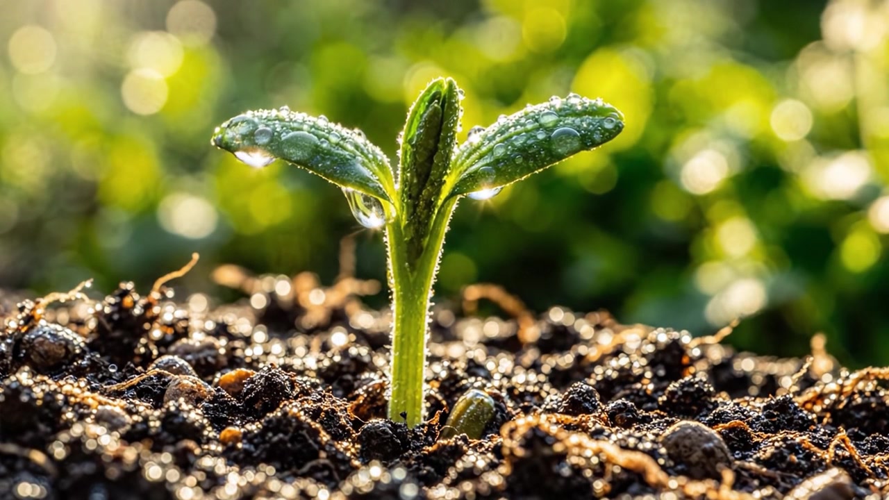 Emerging Green Seedling Sprouts from Fertile Soil with Dew Drops, Symbolizing Growth, Renewal, and the Promise of Life in Nature's Bounty