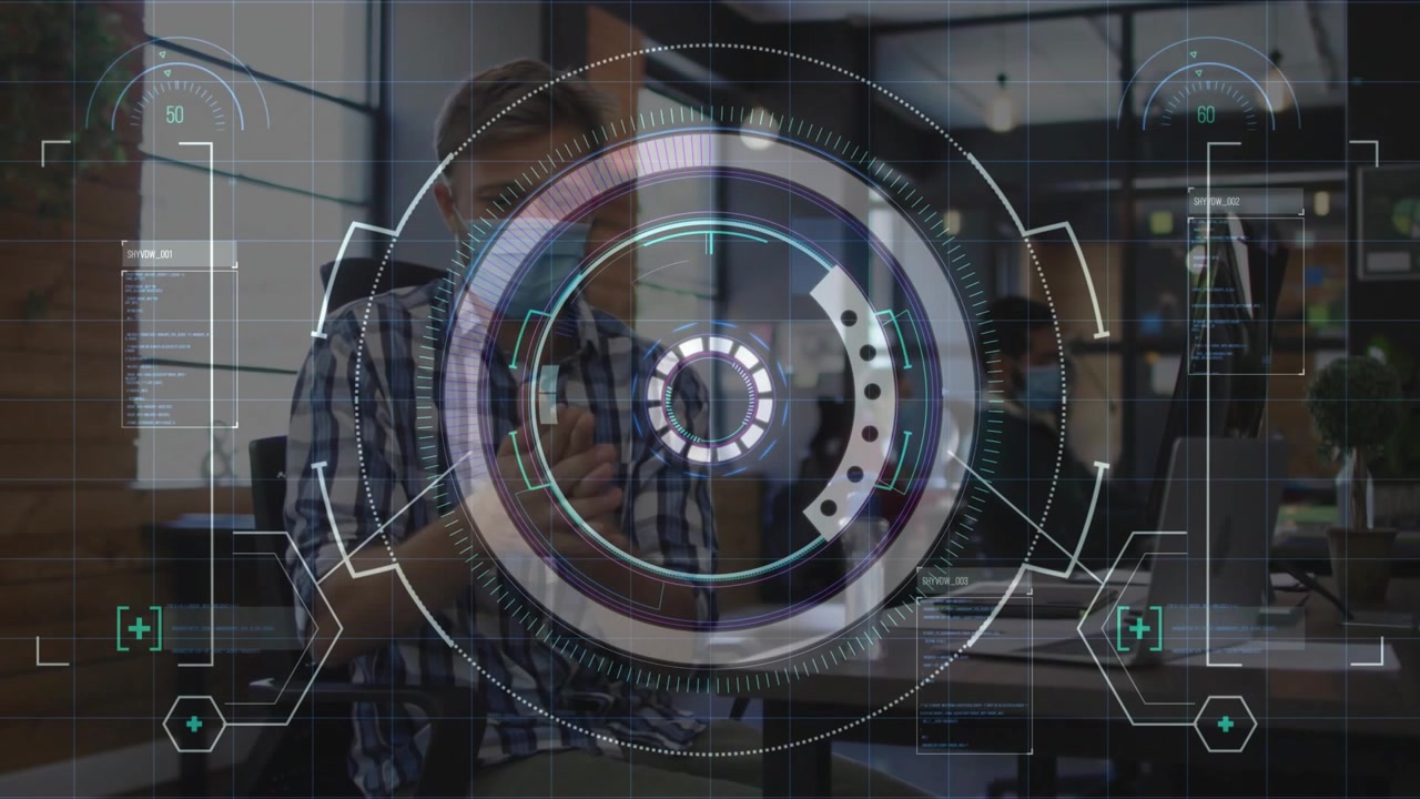 Businessman sanitizing at desk with frames progressing, circular HUD expanding, centering over desk