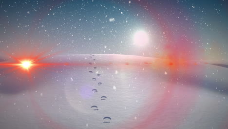 animación de senderos de luz y nieve cayendo sobre el paisaje de invierno