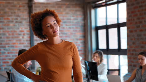 Retrato-De-Una-Mujer-De-Negocios-Seria-En-La-Oficina-Con-Colegas-Que-Trabajan-En-Segundo-Plano