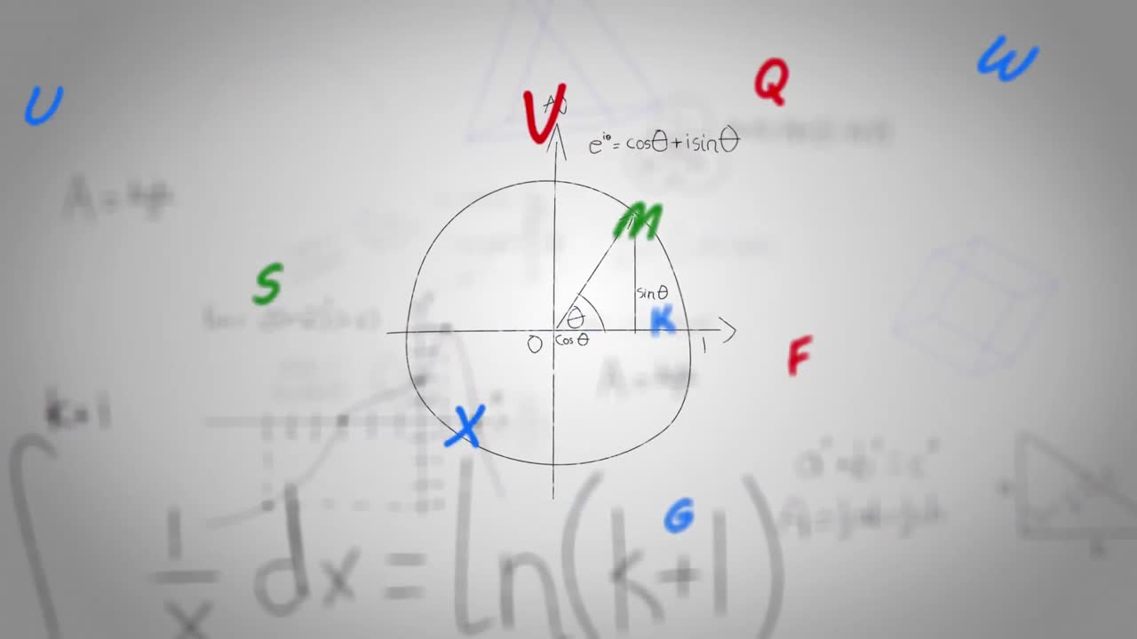 회색 배경에 수학 방정식 위에 떠다니는 알파 ⁇ 의 애니메이션