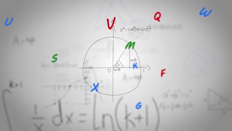 animación de alfabetos flotando sobre ecuaciones matemáticas contra un fondo gris