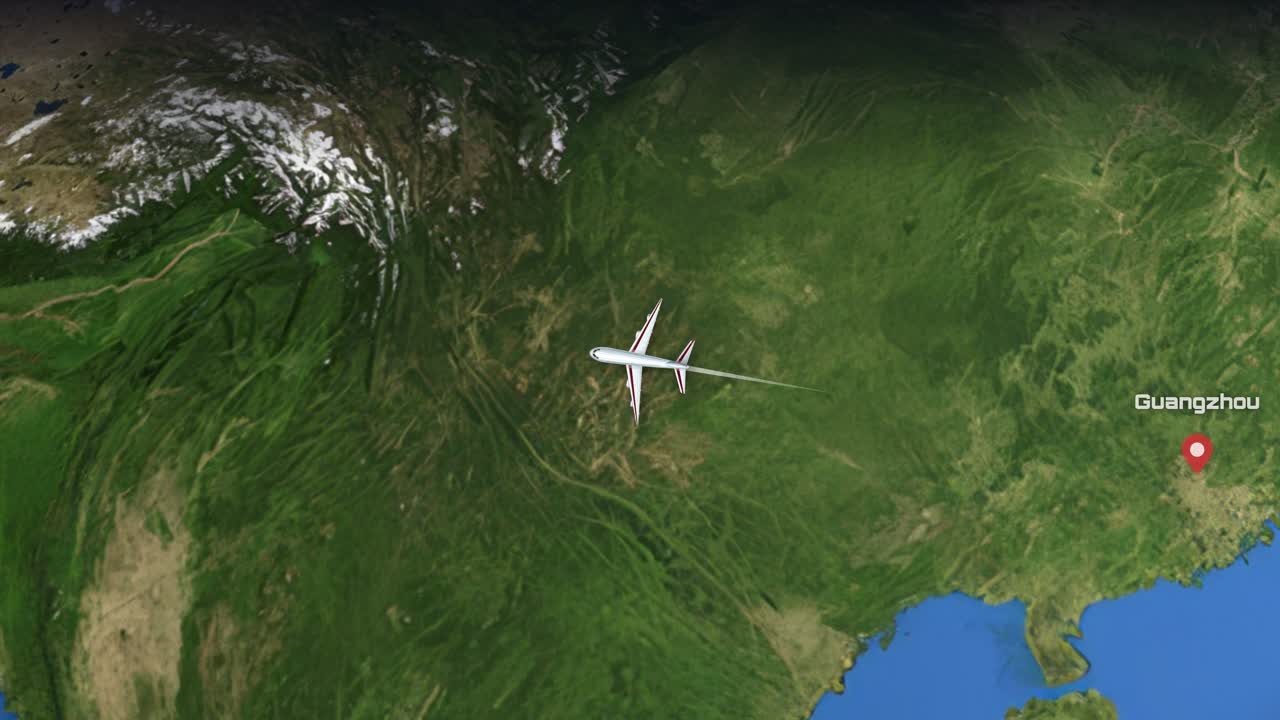 Satellitkartsanimering som spårar en kommersiell flygning från Guangzhou, Kina till Dubai, FAE.