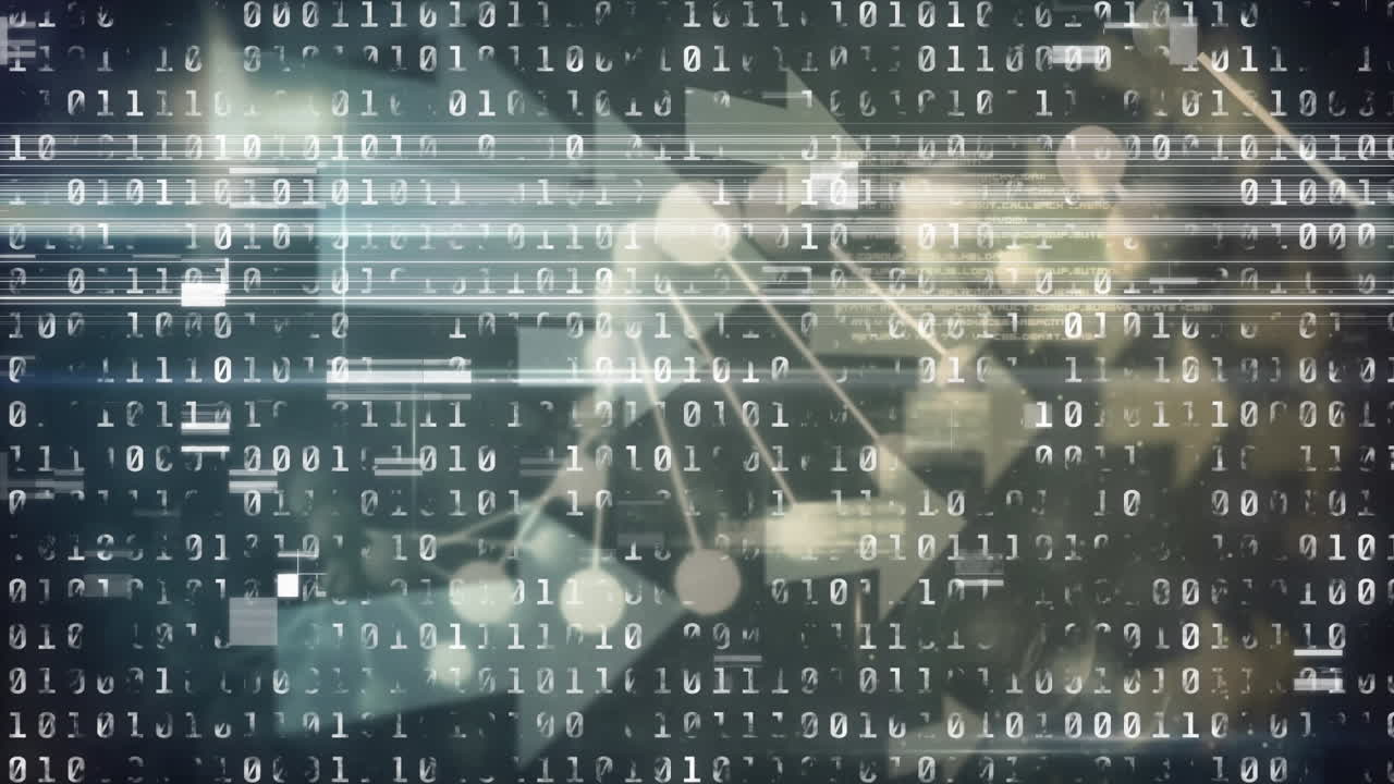 animación de la técnica de glitch sobre códigos binarios en bucle, hélice de adn, flechas móviles con efecto bokeh