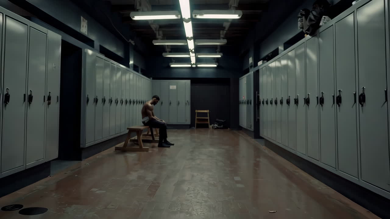hombre sentado en el vestuario vacío