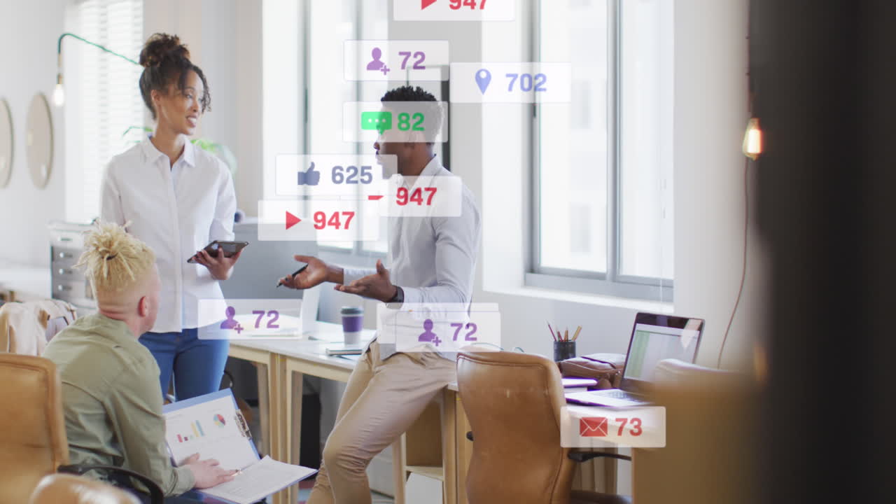Animation of multiple notification bars over diverse coworkers sharing ideas in office