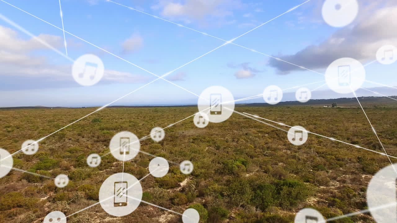 풍경 위의 아이콘으로 연결된 네트워크의 애니메이션