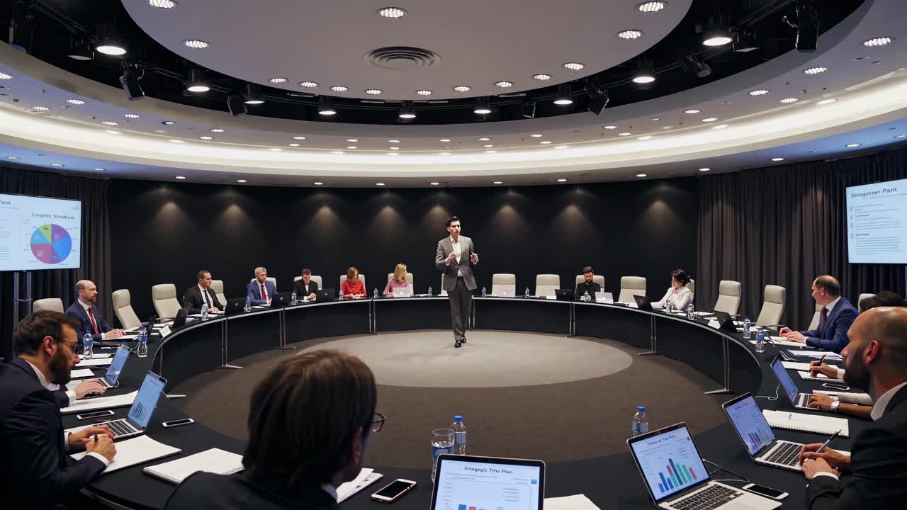 Video grandangolare di una riunione aziendale in una moderna sala conferenze, che riprende un relatore