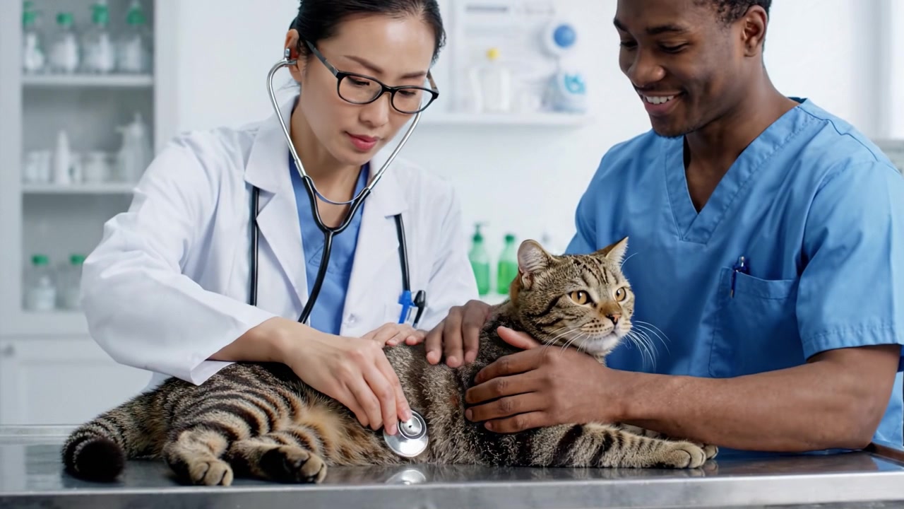 Veterinary Professionals Conduct Health Examination on a Tabby Cat in a Modern Clinic Environment, Highlighting Compassionate Care and Expert Medical Attention